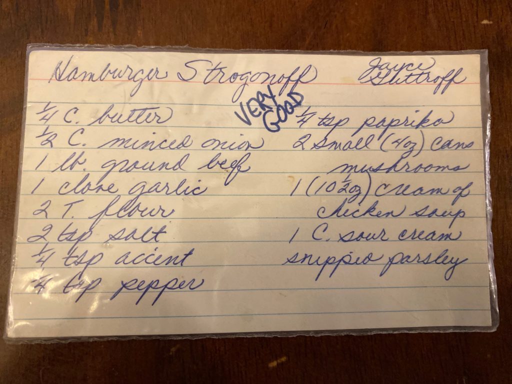 hamburger stroganoff recipe card 