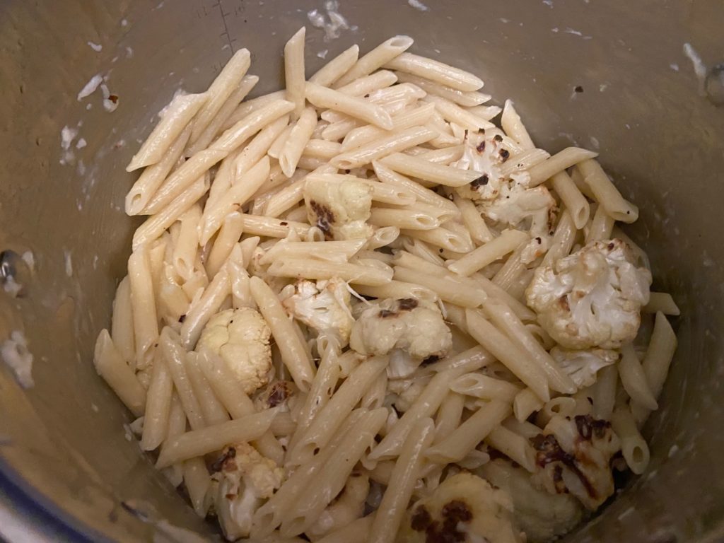 Garlic Roasted Cauliflower Pasta in pot