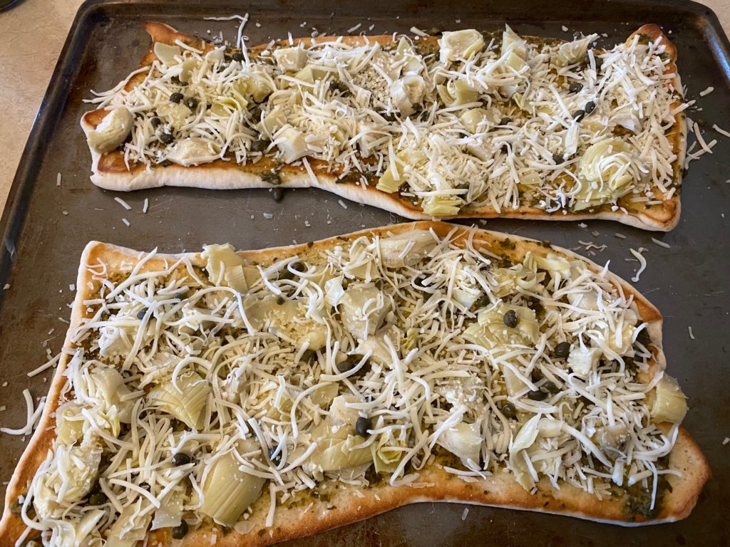 Artichoke Cheese Flatbread out of oven